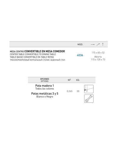 Mesa de centro moderna elevable y extensible K4036 - Disemobel